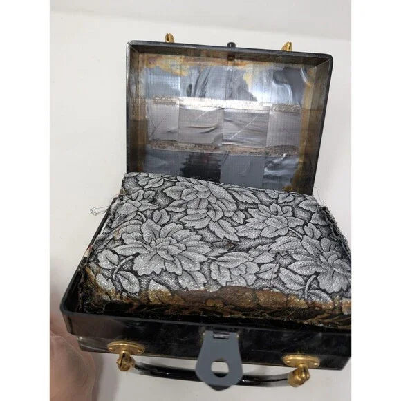 Vintage StyleCraft Handbag Purse Black Pearlized Marbled Lucite Vanity 60s As Is - Picture 6 of 11